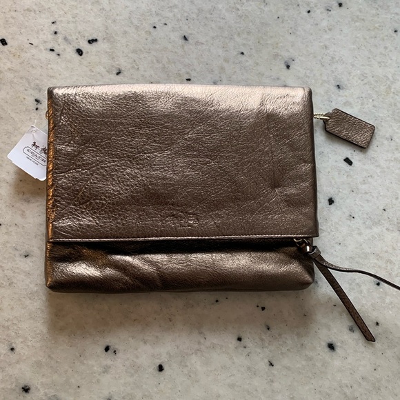 Coach Metallic Gold Pebbled Leather Foldover Crossbody Clutch – NWT - Picture 1 of 17